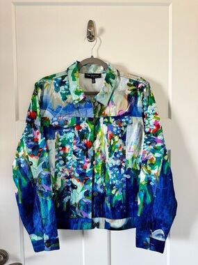 NWT Claire Desjardins Blue Multicolor Floral Full Bloom Button Up Jacket Size L